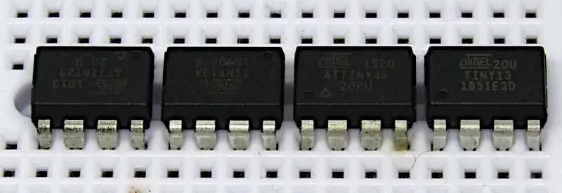 ATtiny13, ATtiny25, ATtiny45 8-bit AVR Microcontrollers in a Breadboard