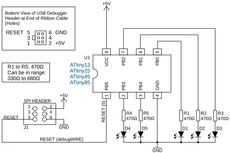 ATtiny to debugWIRE connection diagram