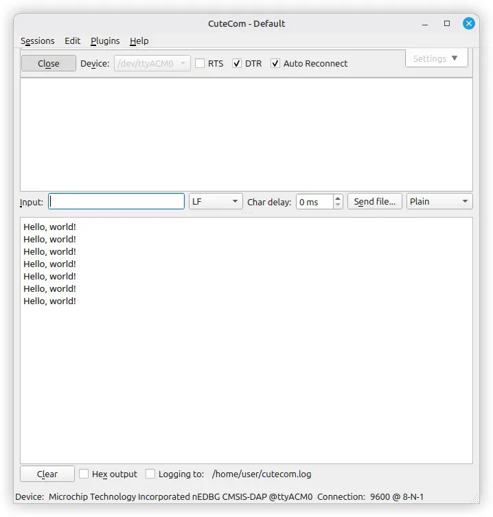 CuteCom terminal emulator receiving messages from the ATtiny3217-CNANO board